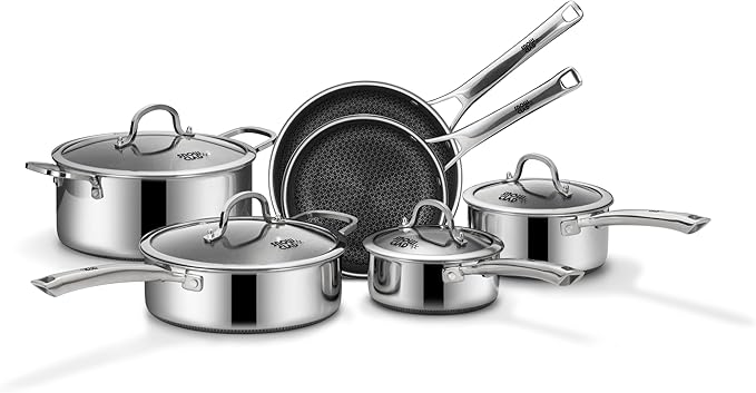 Pots and Pans Set Non Stick, 10 Pcs Hybrid Stainless Steel Cookware Sets, Non Stick Frying Pans, Saucepans, Saute Pan & Stock Pot, PFOA Free Kitchen Skillet,Induction Compatible