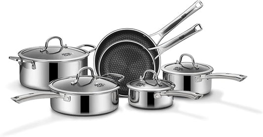 Pots and Pans Set Non Stick, 10 Pcs Hybrid Stainless Steel Cookware Sets, Non Stick Frying Pans, Saucepans, Saute Pan & Stock Pot, PFOA Free Kitchen Skillet,Induction Compatible