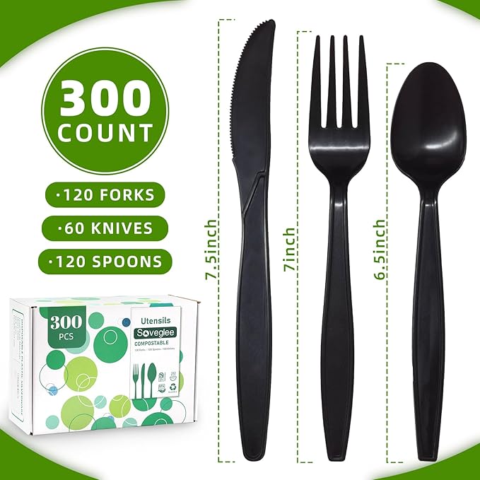 Compostable Utensils, Black Plastic Silverware, Compostable Cutlery 120 Forks 120 Spoons 60 Knives, No Plastic Disposable Silverware, Eco Friendly Disposable Cutlery for Party Office Wedding