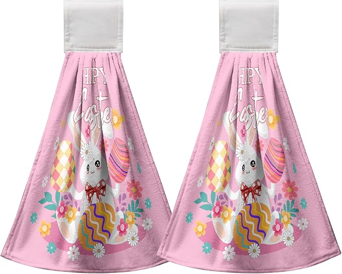 Easter Bunny Hanging Dish Towels Set of 2 Pink Rabbit Eggs Kitchen Towels with Loop Happy Easter Hand Tie Towel Spring Floral Soft Absorbent Tea Towel for Bathroom Kitchen Laundry Room