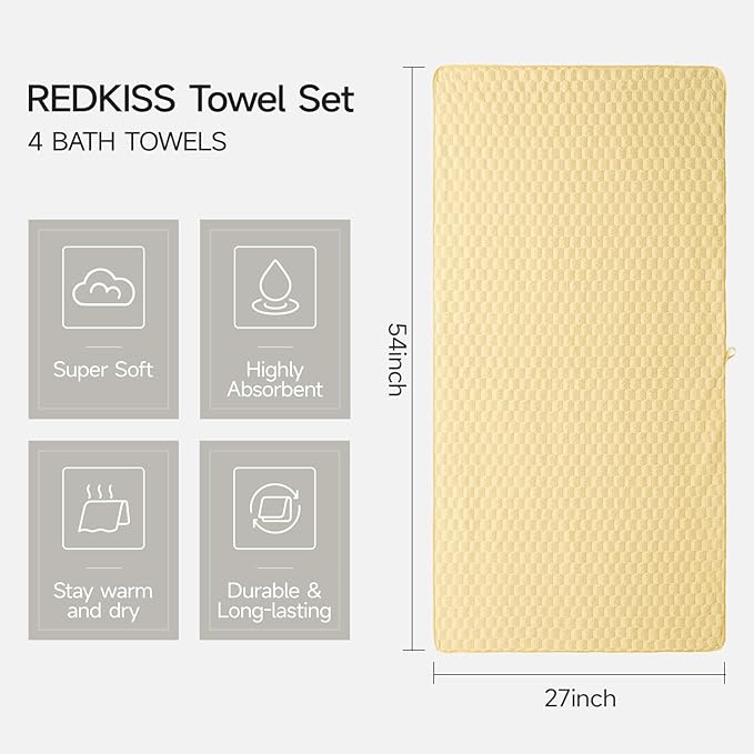 REDKISS Microfiber Bath Towels Set of 4-27x55 Inch Large Waffle Bath Towels for Body, Highly Absorbent, Super Soft, Lint Free Fluffy Shower Towel for Bathroom,Gym, Lightweight Towel Set Pink,Yellow