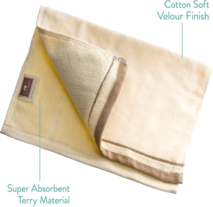 Creative Scents 100% Cotton Velour Fingertip Towels - 4 Pack 11 by 18 Inch – Decorative, Extra Absorbent and Soft Face Towel, Ideal for Bathroom and Powder Room (Cream with Embroidered Brown Trim)