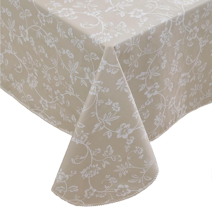 Heavy Duty Vinyl Tablecloth with Flannel Backing Waterproof Oil-Proof Plastic Table Cloth Stain-Resistant Wipeable Rectangle or Square Table Cover for Indoor and Outdoor (Beige Floral,52x70 Inch)