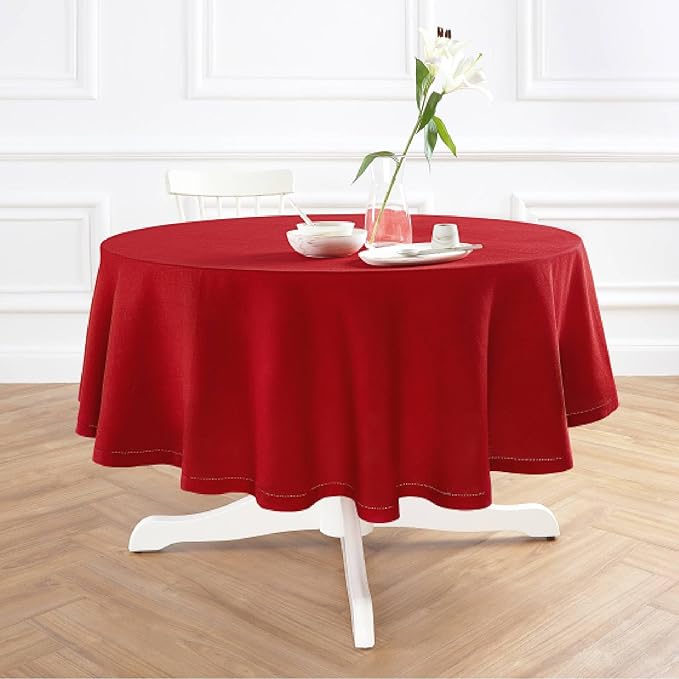 Solino Home Linen 60 Inch Round Tablecloth - 100% Pure Linen Red Round Tablecloth - Machine Washable Table Cloth for Valentines, Holiday, Winter, New Year - Sonoma Hemstitch
