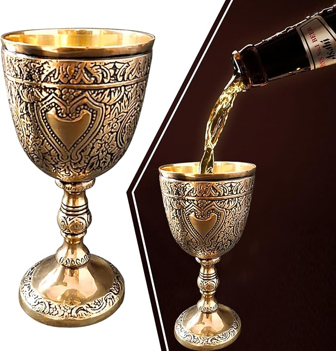 Solid Brass Vintage Chalice Goblet Golden Roman King Arthur Wine Cup Renaissance Medieval Drinking Goblet Unique Gift (Brass Antique,150 ml)