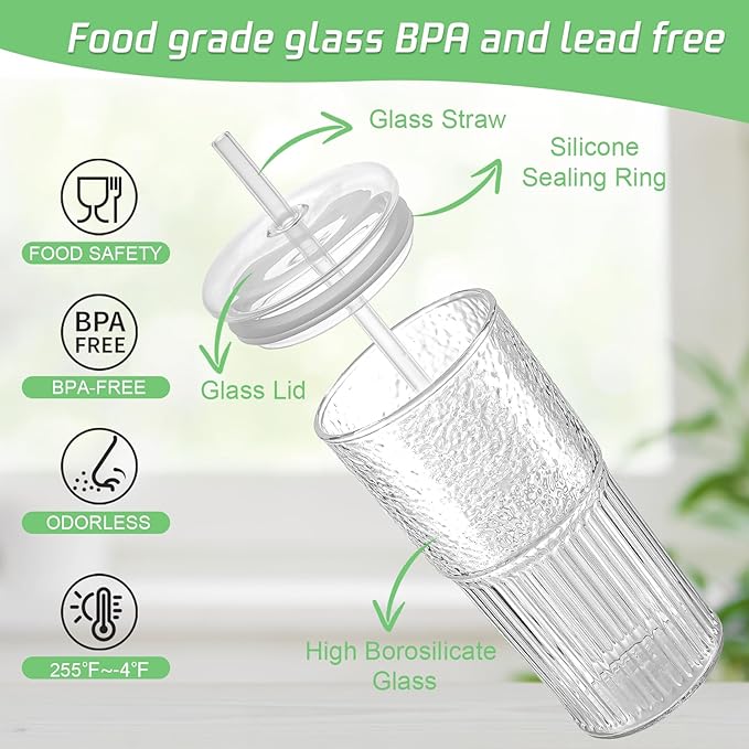 Glass Cups with Lids and Glass Straws, High Borosilicate 20OZ Tumblers (2Pcs) for Coffee, Tea, Juice, Smoothies, Hot/Cold Drinks at Home, Office（Christmas Creative Drink Label Design）