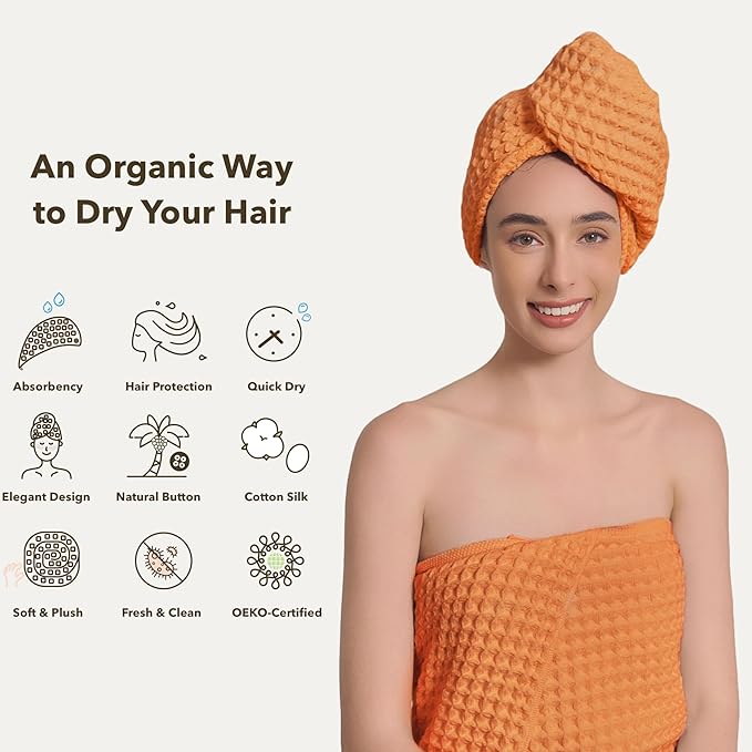 100% Organic Cotton Hair Drying Waffle Towel Wrap for Women | Absorbent & Quick Dry Head Turban for Wet Hair in Shower Sauna Spa, Extra Large for Long Straight Curly Plopping Button (Orange, 2 PACK)