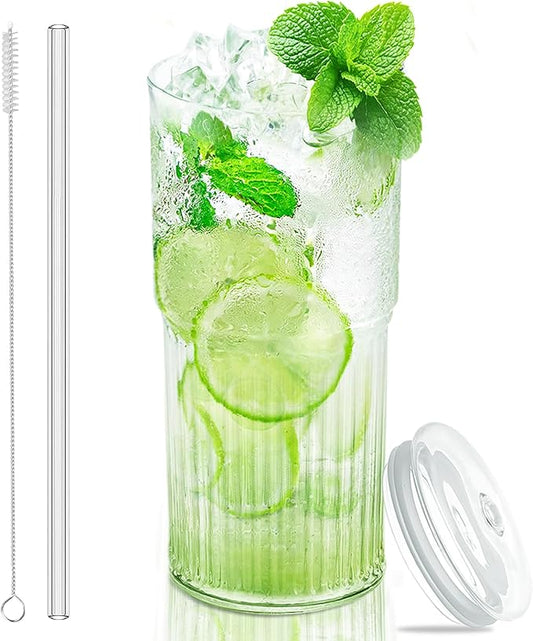 Glass Cups with Lids and Glass Straws, High Borosilicate 20OZ Tumblers for Coffee, Tea, Juice, Smoothies, Hot/Cold Drinks at Home, Office