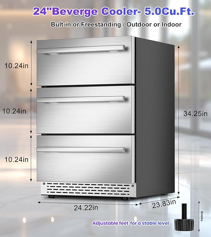 3 Drawer Beverage Refrigerator Undercounter, Hold 180 Cans 24 inch Weather Proof Stainless Steel Beverage Fridge for Outdoor, Built-in & Freestanding Beverage Cooler Fridge for Soda, Beer, Fruit