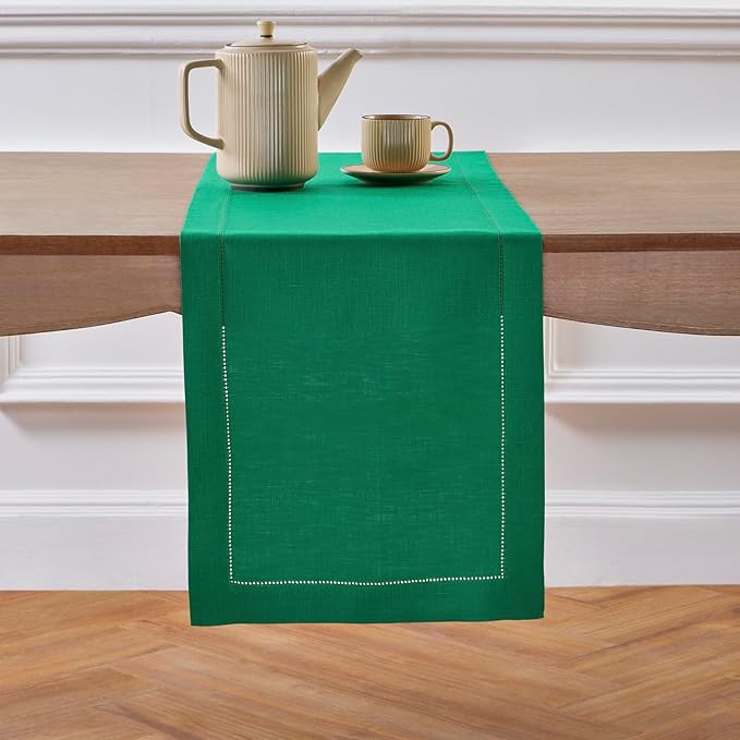 Solino Home Linen Hemstitch Table Runner 120 Inches Long - 100% Pure Linen Emerald Green Table Runner 14 x 120 Inch for New Year - Classic Hemstitch