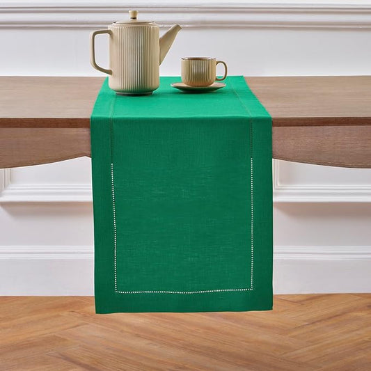 Solino Home Linen Hemstitch Table Runner 120 Inches Long - 100% Pure Linen Emerald Green Table Runner 14 x 120 Inch for New Year - Classic Hemstitch