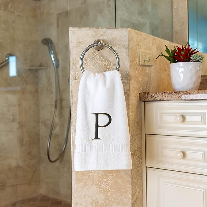 Dark Gray Monogrammed Hand Towel for Bathroom - Initial Hotel Quality Decorative Embroidered Luxury Towel for Powder Room, Spa - GOTS Organic Certified - Set of 2 Letter P