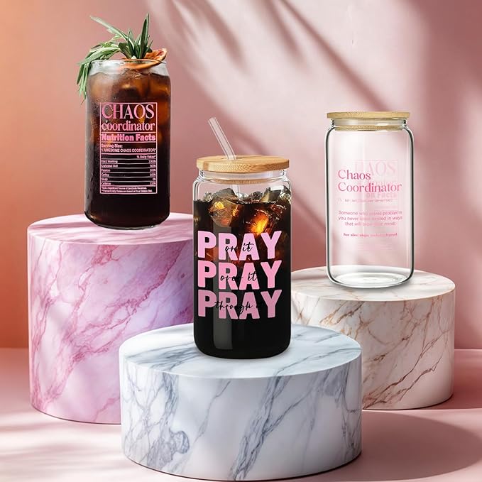 Pray on It Pink Tumbler - 16oz Iced Coffee Cup with Lid and Straw, Birthday and Valentine’s Gift for Pink Lovers, Women Friends and Coworkers