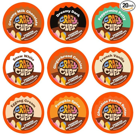 Crazy Cups Seasonal Premium Hot Chocolate Single Serve Cups for Keurig K Cup Brewers Variety Pack Sampler, 20 Count