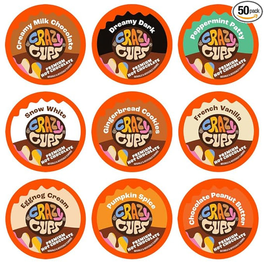 Crazy Cups Hot Chocolate Pods Variety Pack Sampler For Keurig K Cup Brewers, Assorted Flavored Hot Cocoa Single Serve Cups, 50 Count