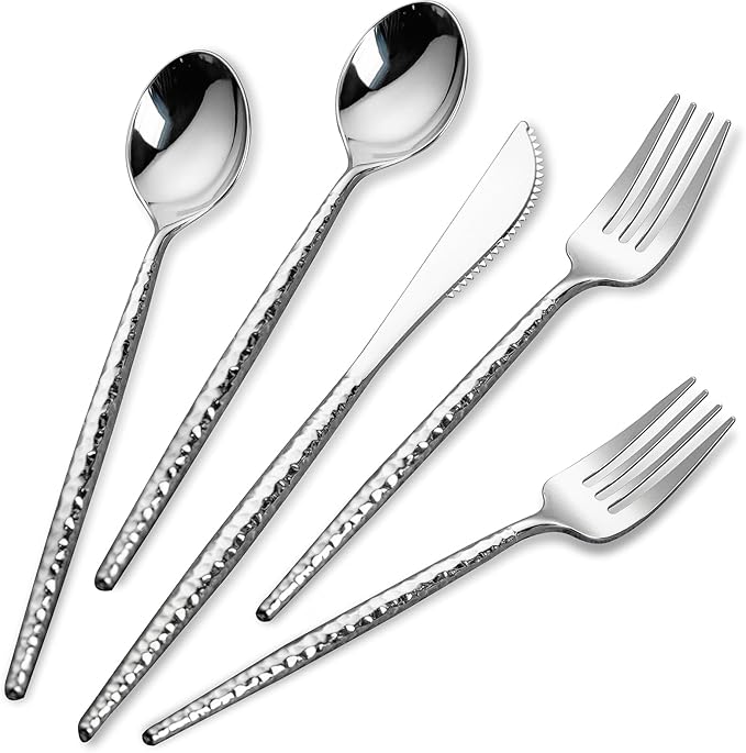 Rubtlamp 180 Pcs Silver Plastic Silverware - Hammered Disposable Silverware - Heavy Duty Plastic Forks And Spoons - Silver Plastic Cultery Include 60 Forks, 60 Knives And 60 Spoons for Wedding&Party