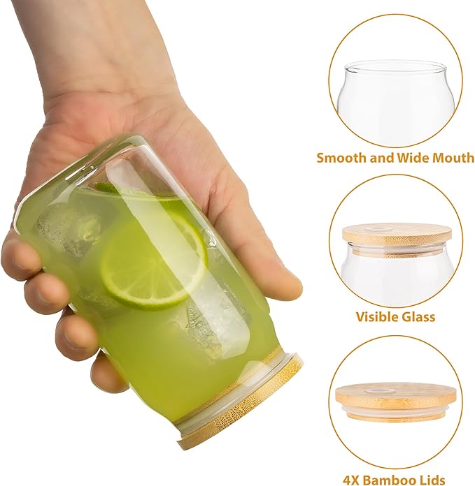 Glass Cups with Lids and Straws, 16 Oz - Set of 4 Reusable Iced Cold Coffee Tumblers - Clear Glass Bottle for Water with Bamboo Lids