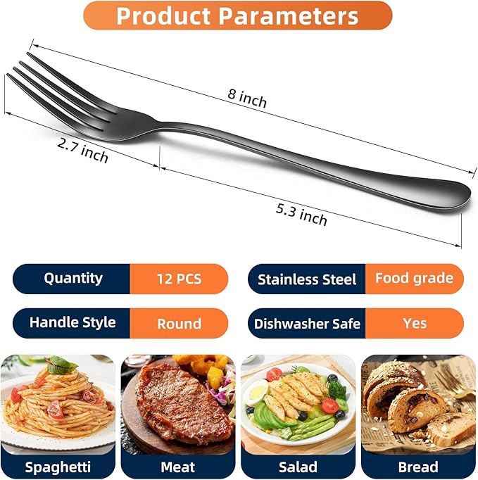 12 Piece Dinner Forks, 8 Inch, Top Food Grade Extra-Fine Stainless Steel Silverware Forks，Silverware Set, Dishwasher Safe （Black)