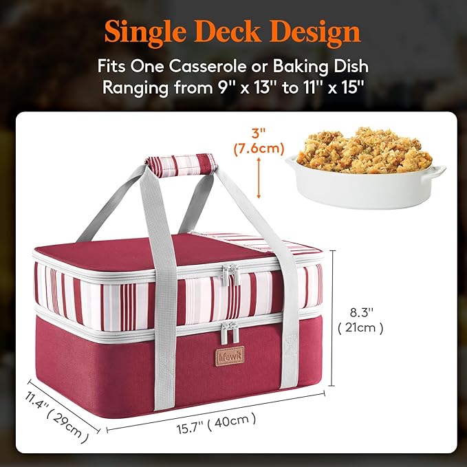 Lifewit Double Decker Insulated Casserole Carrier for Hot or Cold Food, Casserole Dish with Lid and Carrying Case, Lasagna Holder for Potluck Parties/Picnic/Cookouts, Fits 9"x13" Baking Dish, Red