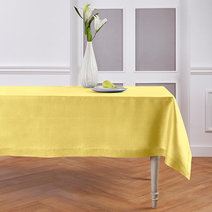 Solino Home Linen Tablecloth for Rectangle Tables 60 x 90 Inch - 100% Pure Linen Sunshine Yellow Table Cloth - Fete, Machine Washable Cloth Tablecloth