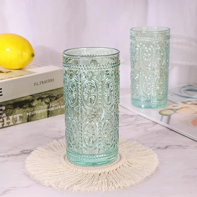 Green Drinking Glasses Set of 4, Vintage Drinking Glasses, Colored Glassware Drinking, Highball Beverage Glasses Cup, Vintage Glassware Set for Water, Juice, Cocktail, Coffee