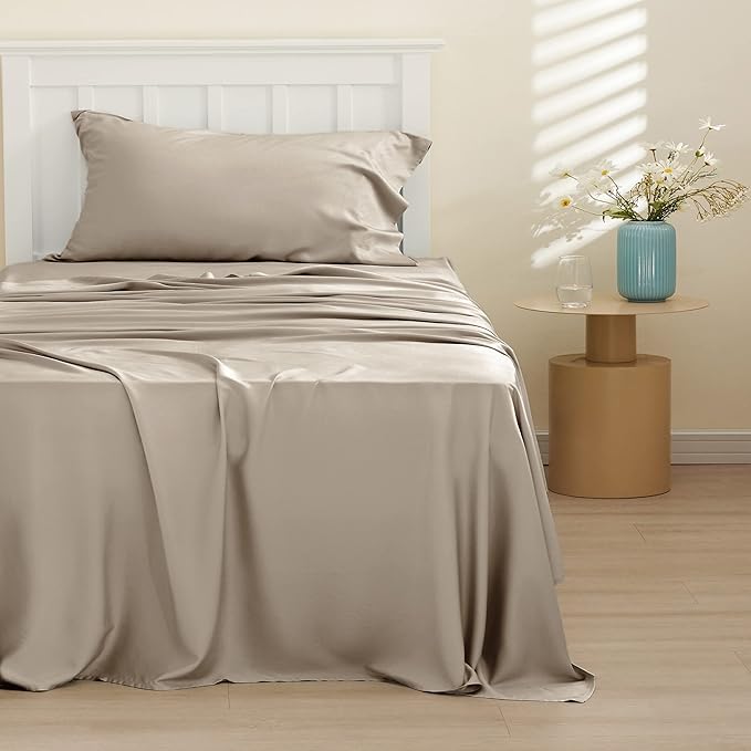 Bedsure Cooling Sheets Twin XL, Rayon Derived from Bamboo, Breathable & Soft Twin XL Sheet Sets, Deep Pocket Up to 16 Inches, Hotel Luxury Silky Dorm Bedding for Hot Sleepers, Simply Taupe