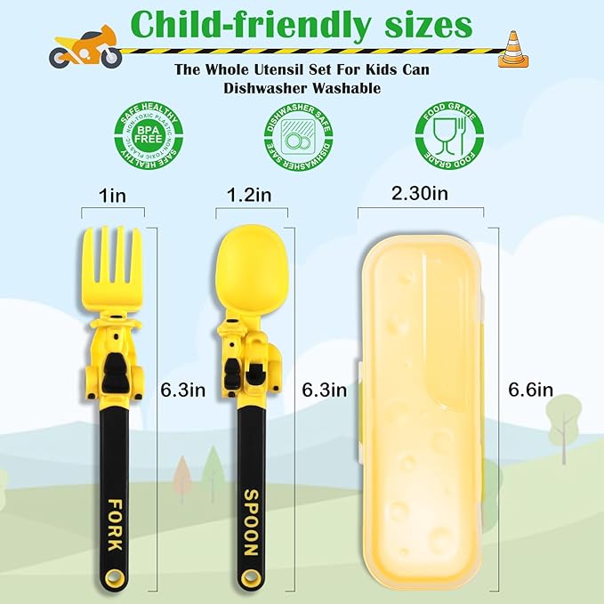 Construction Utensils for Toddlers - Motorcycle Toddler Forks - for Halloween Utensils Gift - Forks and Spoons Silverware Set - Christmas Gift for 1 2 3 4 5 year old - Yellow