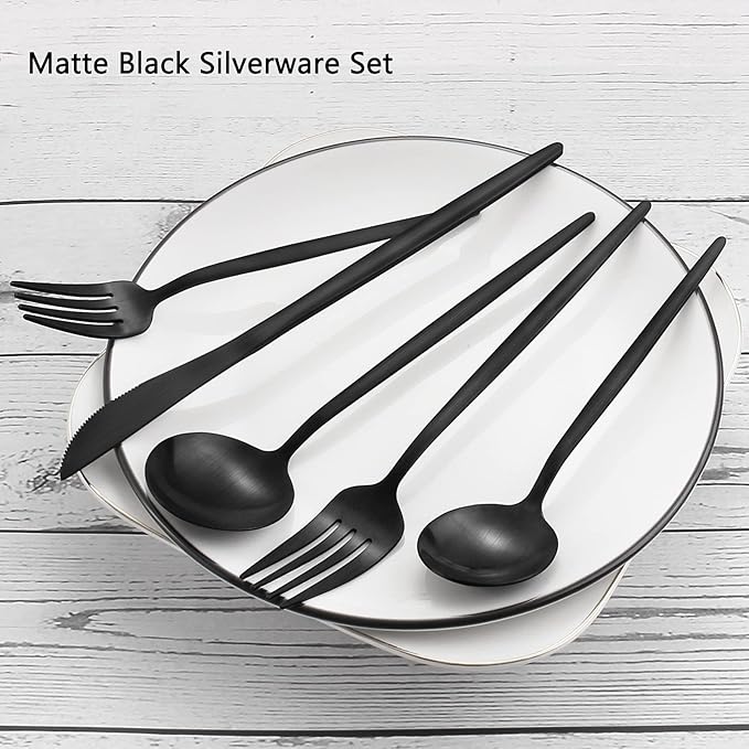 Matte Black Silverware Set, VANVRO 60-Piece Stainless Steel Flatware Set, Satin Finish tableware Cutlery Set, Service for 12, Home and Restaurant, Dishwasher Safe