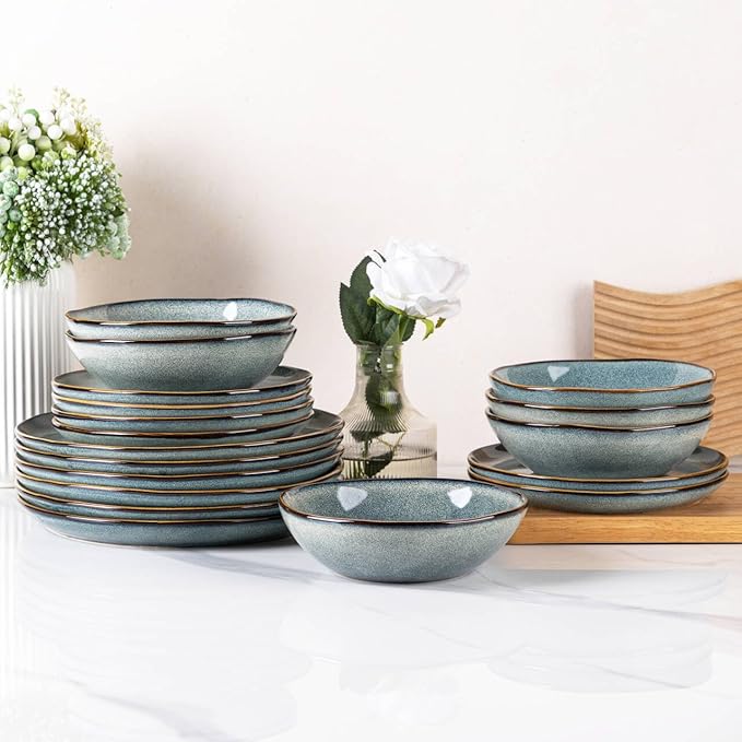 AmorArc Ceramic Dinnerware Sets,Handmade Reactive Glaze Stoneware Plates and Bowls Sets,Highly Scratch Resistant | Dishwasher & Microwave Safe Dishes Set,Service for 6 (18pc)