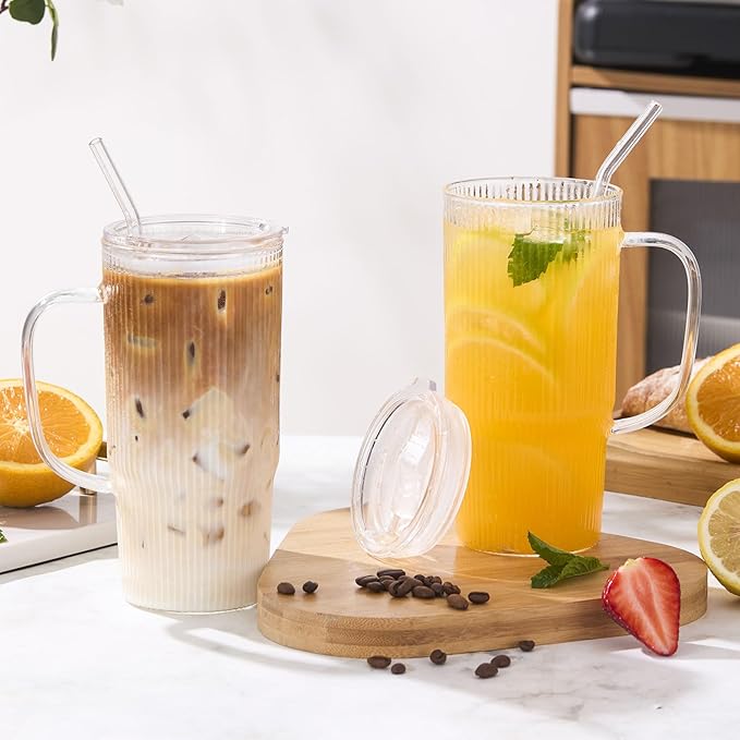 GOSCHE Glass Cups with Lids and Straws, Glass Tumbler with Handle for Iced Coffee, Tea, Juice, Smoothies, 24oz Drinking Cup with Plastic Lid for Hot & Cold Beverages, 2 Pcs