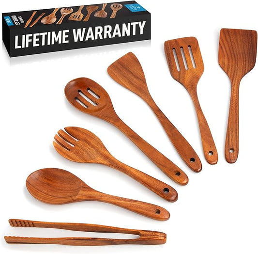 Zulay Kitchen Teak Wood Utensil Set – 7 Piece Wooden Cooking Utensils – Slotted Spoon, Bowl Scraper, Solid & Slotted Turner, Salad Spoon, Fork & Tongs – Durable, Nonstick Safe & Smooth Finish