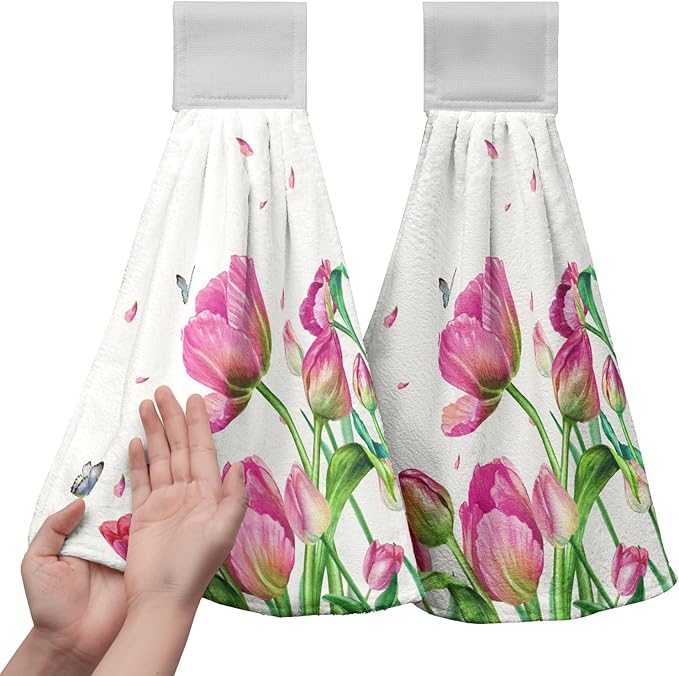 Pink Tulip Flower Hanging Kitchen Towels Spring Floral Hand Towels with Hanging Loop Set of 2 Decorative Summer Tea Towel Soft Absorbent Dish Tie Towels for Bathroom Kitchen 12x17 Inches