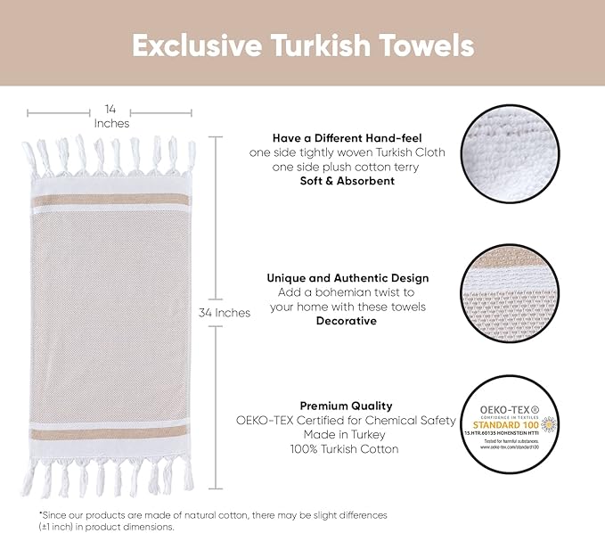 sea me at home Turkish Hand Towels for Bathroom, Kitchen Towels Decorative Set of 2, Luxury Turkish Cotton Dish Tea Towels 14 x 30 Inches for Bohemian, Rustic, and Farmhouse Decor (Beige)