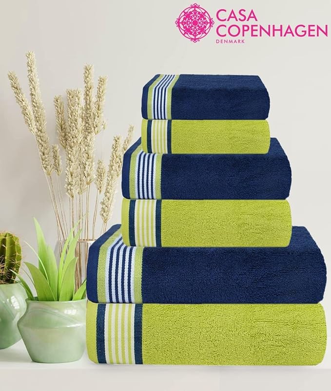 CASA COPENHAGEN He & She 6 Pieces Towel Set- California Blue + Green, 550 GSM 2 Bath Towel 2 Hand Towel 2 Washcloth, Designed in Denmark Made of Soft Egyptian Cotton for Bathroom, Kitchen & Shower