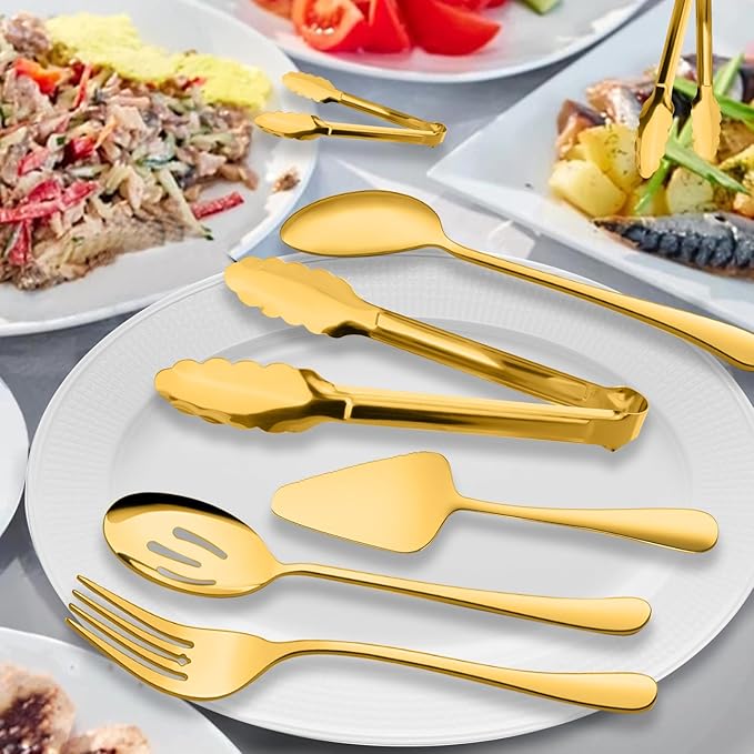 Serving Utensils, XEVOM 6-Piece Stainless Steel Serving Utensil Set Include Serving Spoon, Slotted Serving Spoon, Serving Fork,Serving Tong, Appetizers Tong,Pie Server(Gold)
