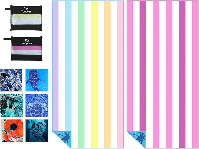 2 Pack Microfiber Lightweight Thin Beach Towel Sand Free Quick Dry Super Absorbent Large Towels for Swimming Pool Yoga Gym Travel Vacation Beach Accessories Essentials Stripes