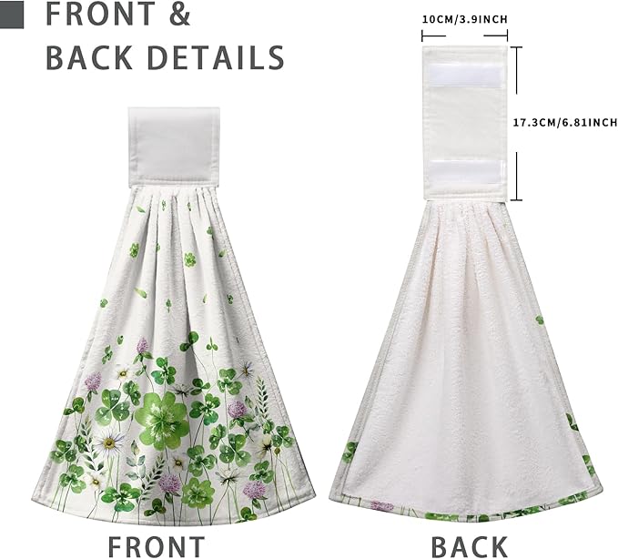 St Patricks Day Hanging Kitchen Towel Green Shamrocks Floral Hand Tie Towels Clover Saint Patrick's Day Hanging Dish Towels with Loop 12 x 17 inch Soft Spring Lucky Decor for Bathroom