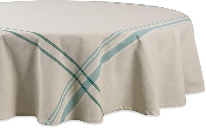 DII French Stripe Tabletop Collection Farmhouse Style Dining Table Linen Tablecloth, 70" Round, Taupe/Teal