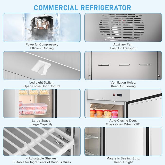Commercial Freezer, 27"W Upright Freezer Stainless Steel, 20 Cu Ft Commercial Standup Freezer with 4 Adjustable Shelves, Self-Closing Reach-in Cooling Single Solid Door Freezer for Kitchen, Restaurant