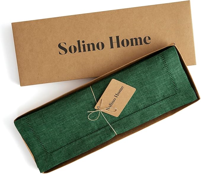 Solino Home Linen Cloth Placemats Set of 4-100% Pure Linen Hemstitch Forest Green Placemats 14 x 19 Inch - Milan Hemstitch Table Place Mats for Winter, New Year