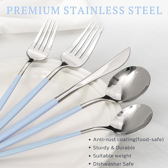 Astercook Silverware Set with Steak Knives 24-Piece Flatware Set for 4 Food-Grade Stainless Steel Blue Cutlery Set Mirror Polished Utensils Set Include Spoons and Forks for Home Kitchen Restaurant