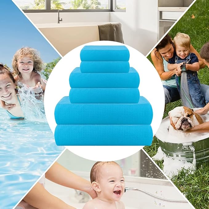 CASA COPENHAGEN Waffle Towel, 6Pieces 100% Cotton Large Towel Set- Teal Blue, 2Bath 2Hand 2Washcloths Instant Absorb and Dry, Soft Strong Towels for Hotel Spa Kitchen Bathroom & Shower