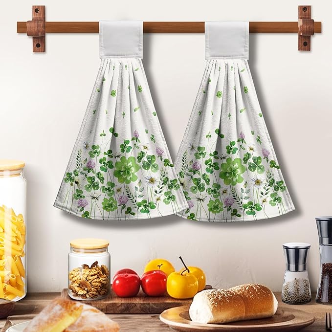 St Patricks Day Hanging Kitchen Towel Green Shamrocks Floral Hand Tie Towels Clover Saint Patrick's Day Hanging Dish Towels with Loop 12 x 17 inch Soft Spring Lucky Decor for Bathroom