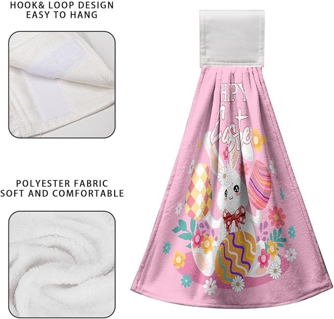 Easter Bunny Hanging Dish Towels Set of 2 Pink Rabbit Eggs Kitchen Towels with Loop Happy Easter Hand Tie Towel Spring Floral Soft Absorbent Tea Towel for Bathroom Kitchen Laundry Room