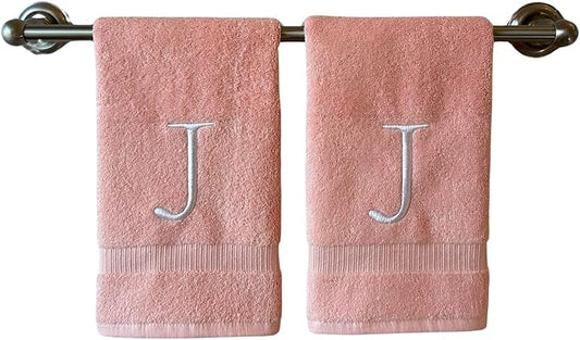 Pink Initial Hand Towel for Bathroom - Monogrammed Luxury Hotel Quality Decorative Embroidered Towel for Powder Room, Spa - GOTS Organic Certified - Set of 2 Letter J