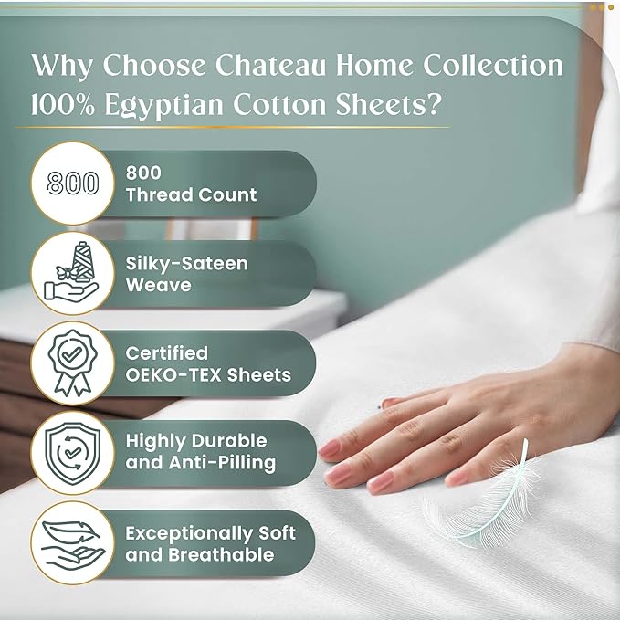 100% Egyptian Cotton Sheets Full Size Bed Set, Deep Pocket Full Sheet Set, 800 Thread Count Cotton Bed Sheets, Naturally Cool Soft Breathable No Pill Elasticated Luxury White Bedding For All Seasons
