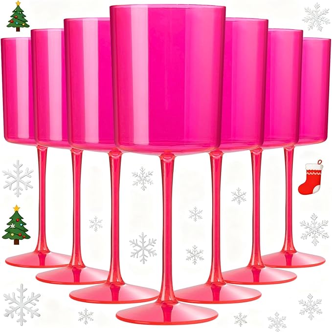 Ciaell 12 Pack Plastic Wine Glasses - 10Oz Hot Pink Plastic Wine Glasses With Stem - Disposable Stemmed Cups for Parties & Weddings