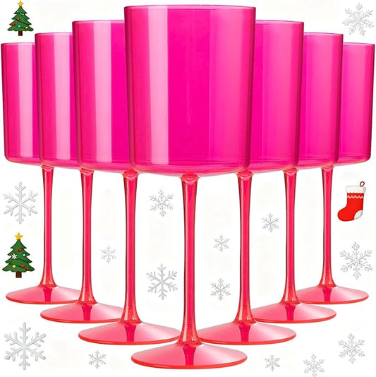 Ciaell 12 Pack Plastic Wine Glasses - 10Oz Hot Pink Plastic Wine Glasses With Stem - Disposable Stemmed Cups for Parties & Weddings