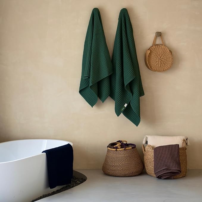 Luxury Organic Japanese Cotton Waffle Bath Towel | Thick, Absorbent, Quick Dry Bathroom Towels for Shower, Sauna, Onsen| Hotel & Spa Quality, Gift-Ready (Forest Green, Face Towel, 16" x 16")