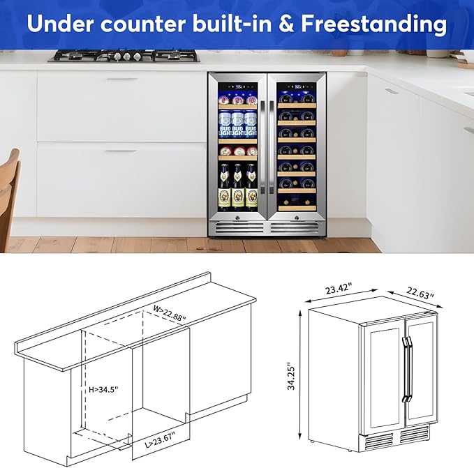 24 Inch Upgraded Wine and Beverage Refrigerator– Dual Zone Beverage Cooler with Glass Door | Under Counter or Freestanding | Large Capacity, Advanced Cooling System & Carbon Purification